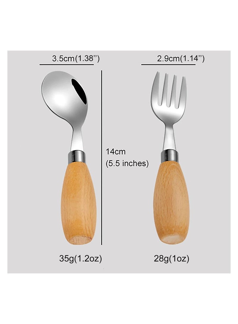 Kid Utensil Set, Kids Silverware Baby Forks and Spoons Set with Round Handle, Portable Travel Cutlery Set, Wooden Stainless Steel Toddler Safe Fork Spoon (Golden+Silver, 4 Pieces)