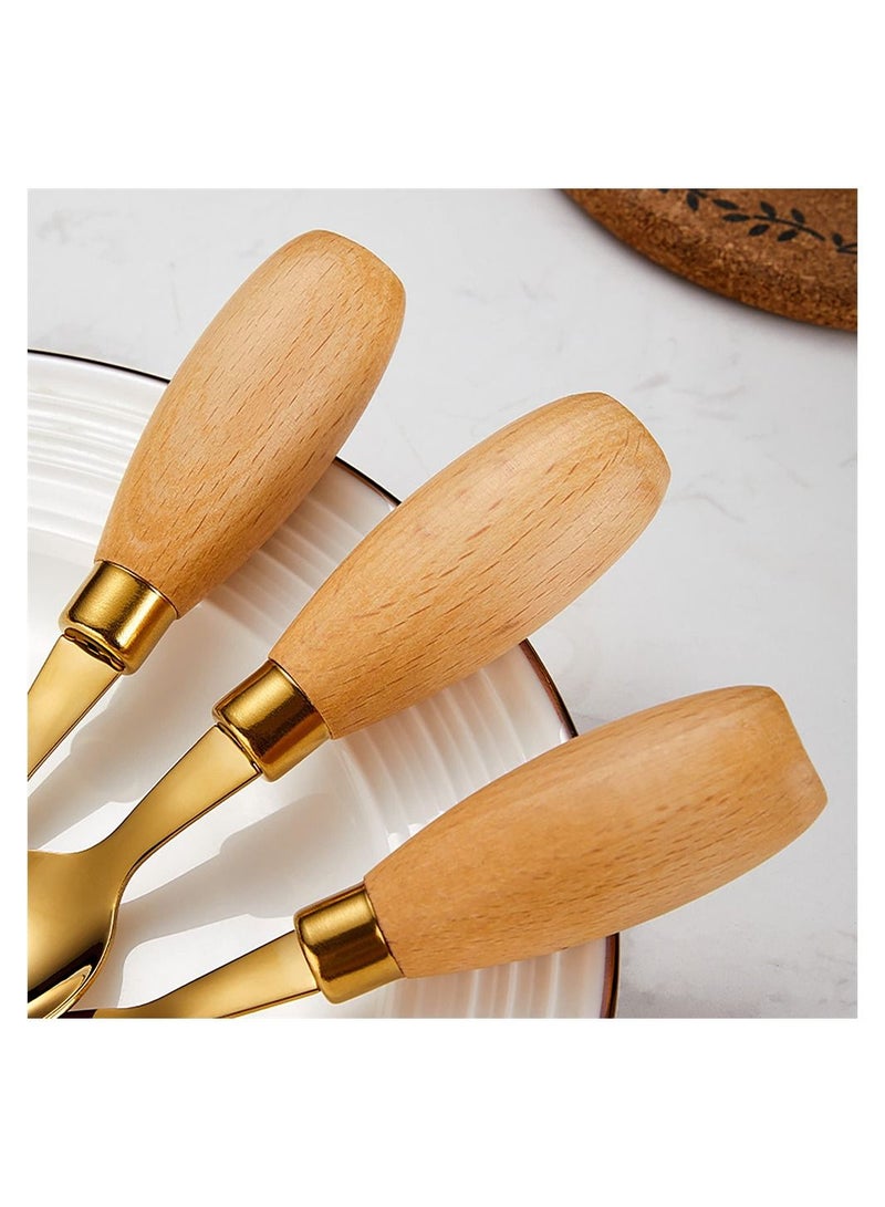 Kid Utensil Set, Kids Silverware Baby Forks and Spoons Set with Round Handle, Portable Travel Cutlery Set, Wooden Stainless Steel Toddler Safe Fork Spoon (Golden+Silver, 4 Pieces)