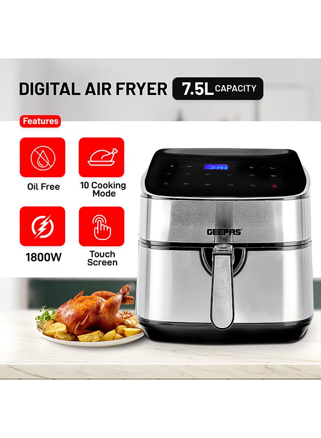 Digital Air Fryer 7.5 L Capacity With 5.5 L Inner Basket| Equipped With Vortex Air Frying Technology Digital Display With Touch Screen 7.5 L 1800 W GAF37530UK Black and Silver