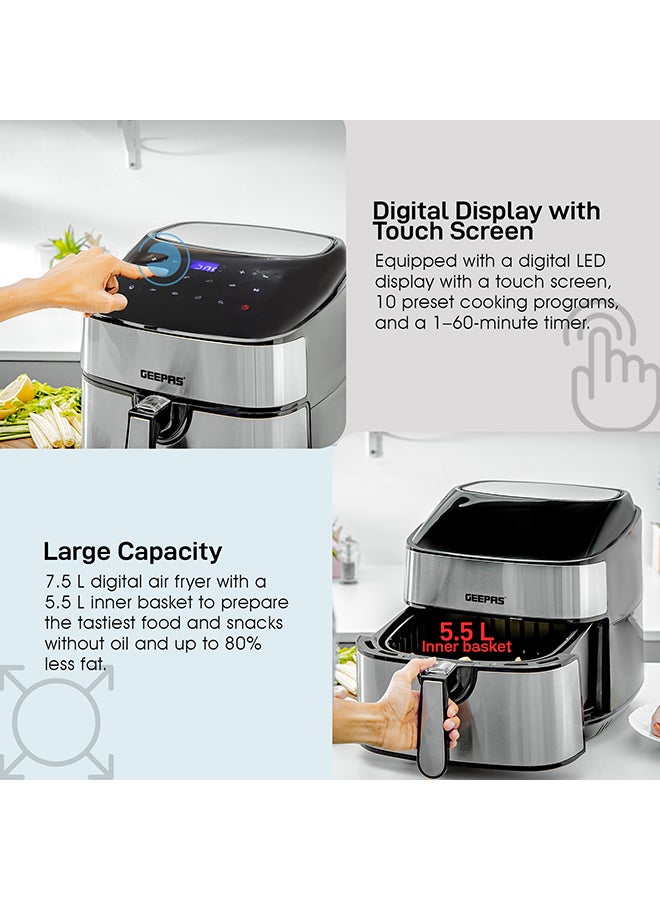 Digital Air Fryer 7.5 L Capacity With 5.5 L Inner Basket| Equipped With Vortex Air Frying Technology Digital Display With Touch Screen 7.5 L 1800 W GAF37530UK Black and Silver