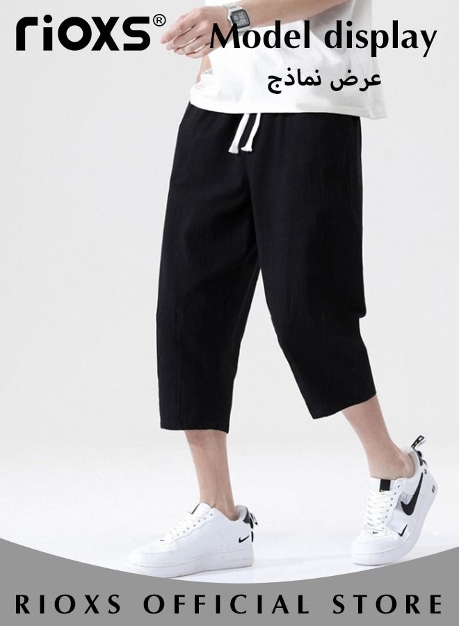 Fashionable men's cropped pants, Summer Loose Casual Shorts, Below Knee Pocketed 3/4 Drawstring Elastic Waist Capri Pants with Side Pockets