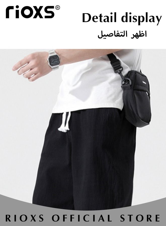 Fashionable men's cropped pants, Summer Loose Casual Shorts, Below Knee Pocketed 3/4 Drawstring Elastic Waist Capri Pants with Side Pockets