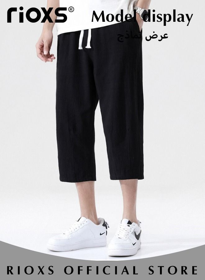 Fashionable men's cropped pants, Summer Loose Casual Shorts, Below Knee Pocketed 3/4 Drawstring Elastic Waist Capri Pants with Side Pockets