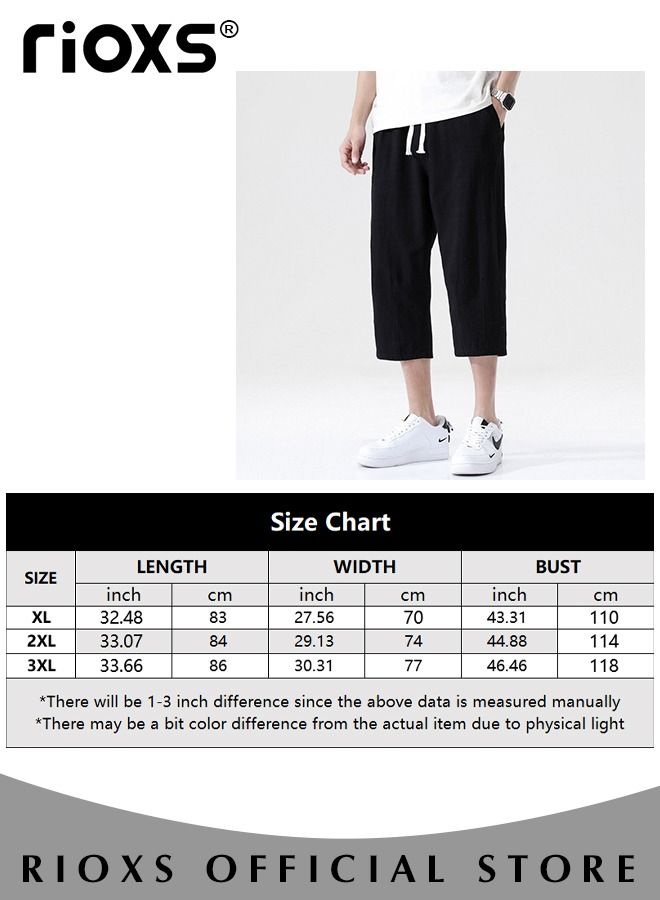 Fashionable men's cropped pants, Summer Loose Casual Shorts, Below Knee Pocketed 3/4 Drawstring Elastic Waist Capri Pants with Side Pockets