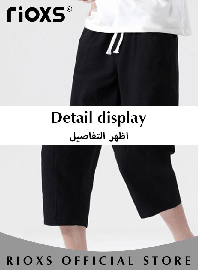Fashionable men's cropped pants, Summer Loose Casual Shorts, Below Knee Pocketed 3/4 Drawstring Elastic Waist Capri Pants with Side Pockets
