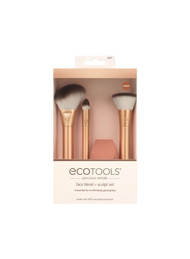 Precious Metals Face Blend & Sculpt Set, Makeup Brush Kit For Foundation, Concealer, & Powder, Ecofriendly Makeup Brush Kit, Recycled Aluminum, Chrome, Cruelty-Free, 4 Piece Set