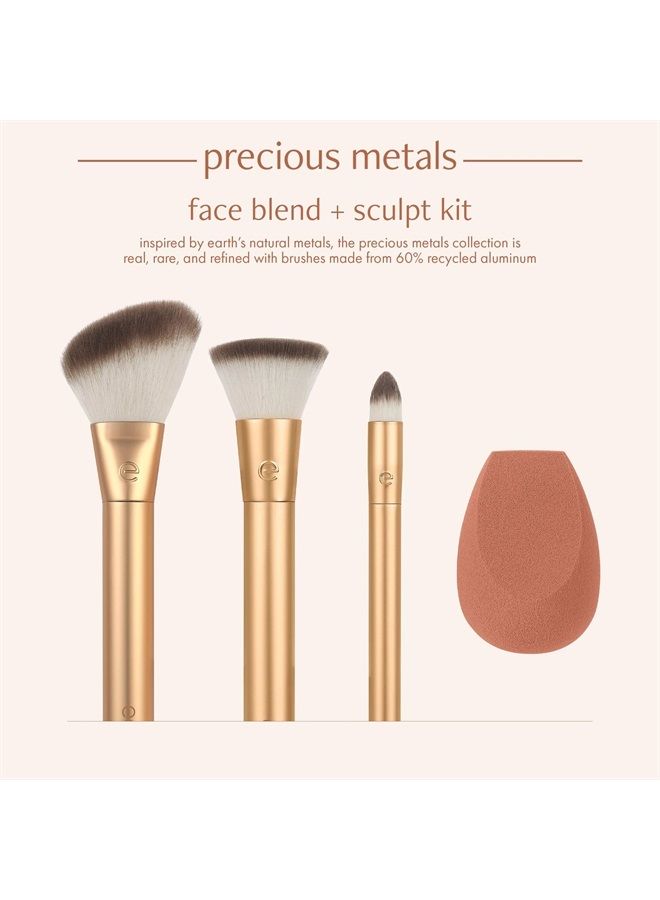 Precious Metals Face Blend & Sculpt Set, Makeup Brush Kit For Foundation, Concealer, & Powder, Ecofriendly Makeup Brush Kit, Recycled Aluminum, Chrome, Cruelty-Free, 4 Piece Set