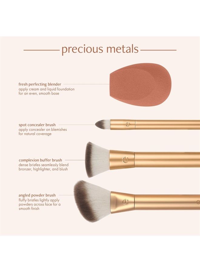 Precious Metals Face Blend & Sculpt Set, Makeup Brush Kit For Foundation, Concealer, & Powder, Ecofriendly Makeup Brush Kit, Recycled Aluminum, Chrome, Cruelty-Free, 4 Piece Set