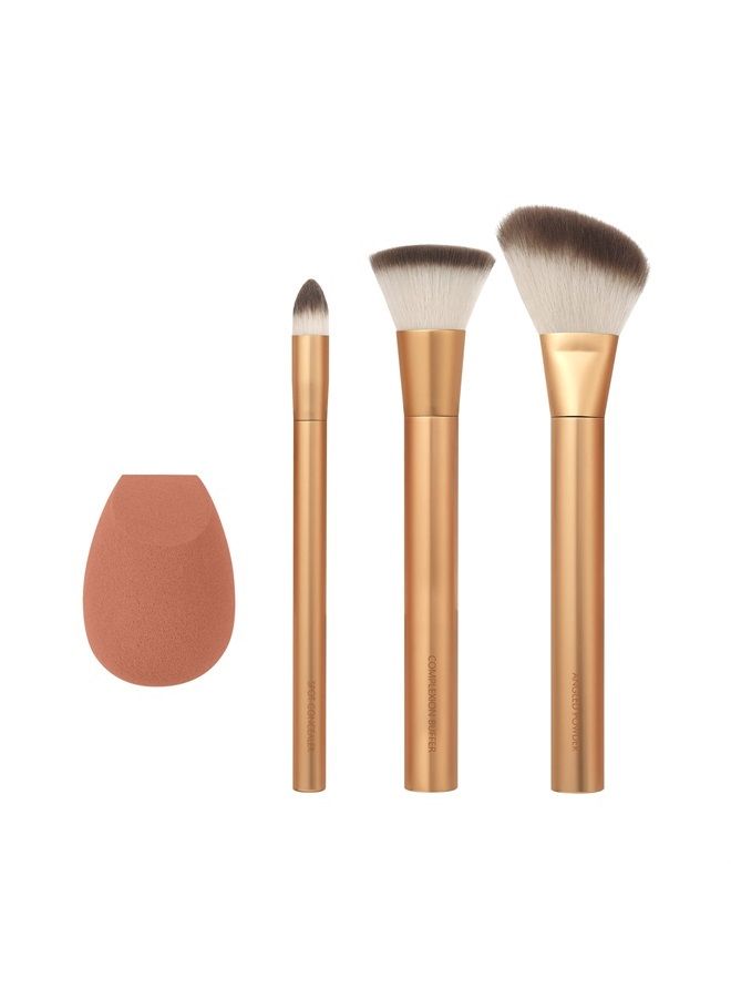 Precious Metals Face Blend & Sculpt Set, Makeup Brush Kit For Foundation, Concealer, & Powder, Ecofriendly Makeup Brush Kit, Recycled Aluminum, Chrome, Cruelty-Free, 4 Piece Set