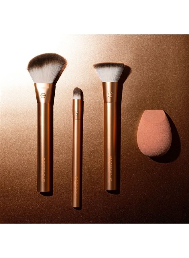 Precious Metals Face Blend & Sculpt Set, Makeup Brush Kit For Foundation, Concealer, & Powder, Ecofriendly Makeup Brush Kit, Recycled Aluminum, Chrome, Cruelty-Free, 4 Piece Set