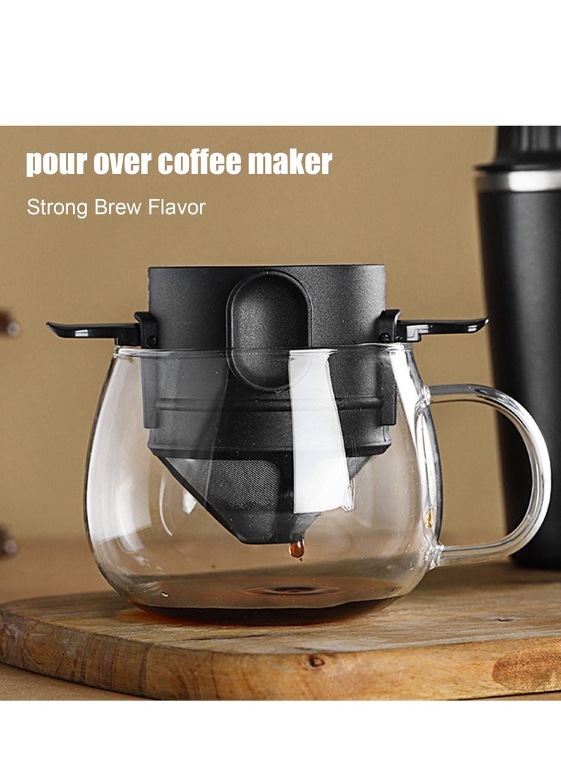 Reusable Pour Over Coffee Maker, Stainless Steel Cone Coffee Dripper Filter 1-2 Cup, Steel Cone Paperless Coffee Dripper with Collapsible Holders for Home, Office, Travel, Camping