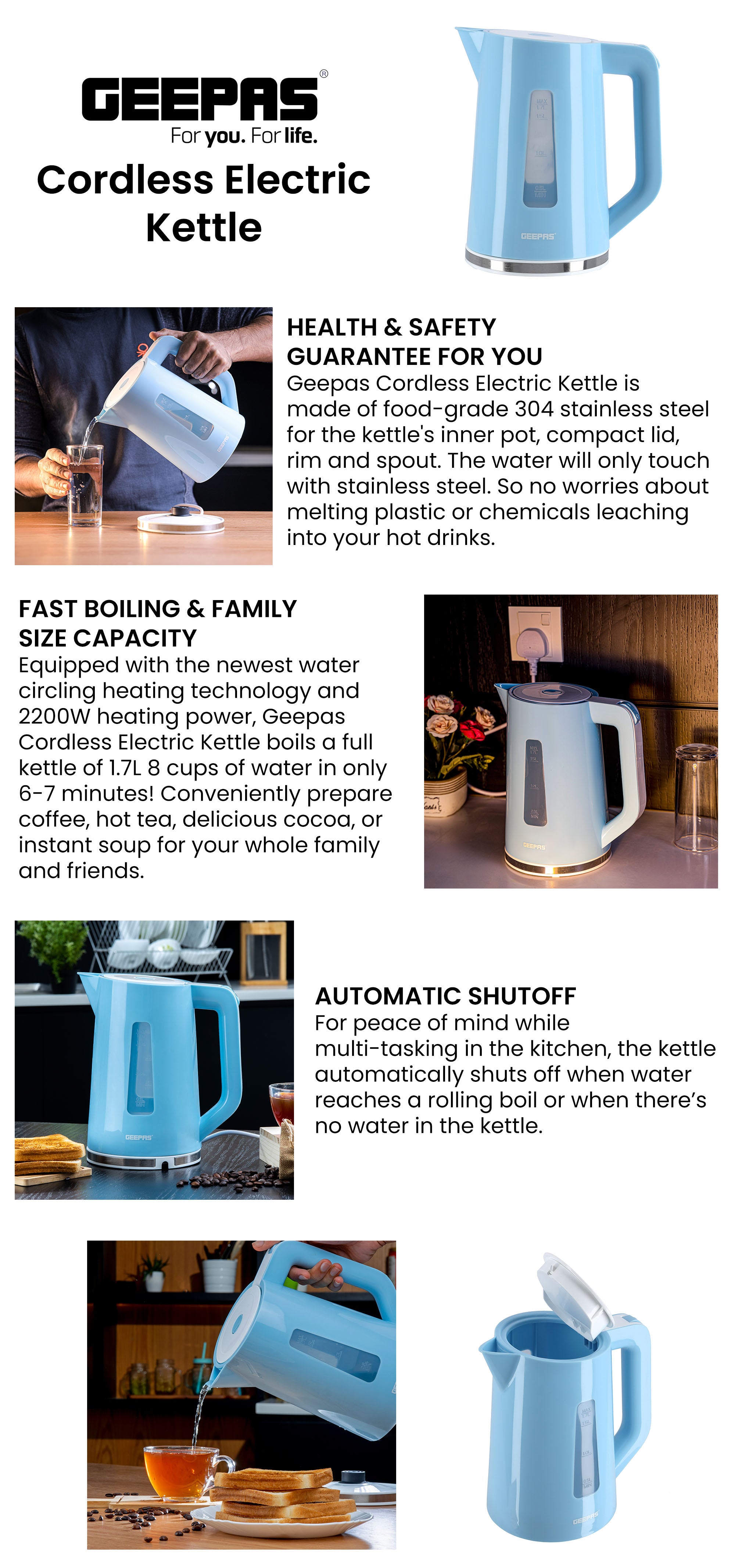 Cordless Electric Kettle - Safety Lock, Boil Dry Protection 1.7 L 2200 W GK5449N blue