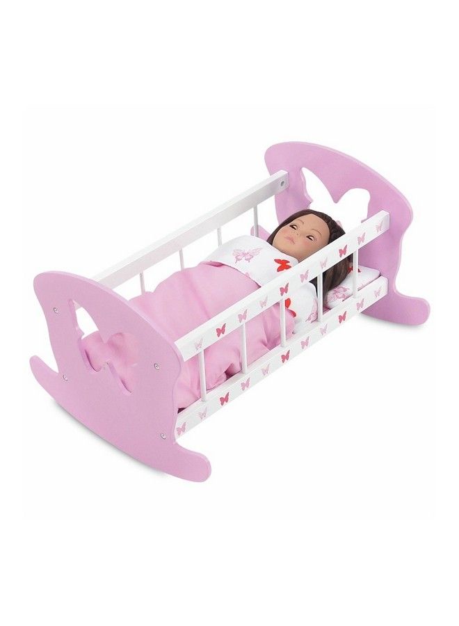 Doll Furniture & Accessories 18Inch Baby Doll Pink Rocking Cradle Crib Includes 3Pc Reversible Doll Bedding