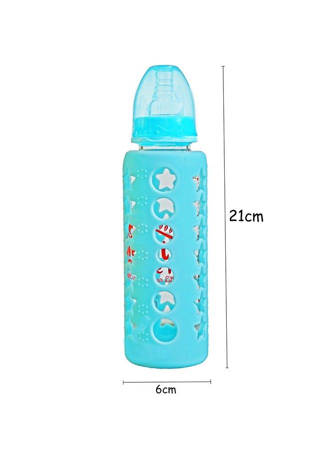 High Borosilicate Glass Feeding Bottle For Baby Feeder For Newborn ; Super Soft Flow Control & Anti Colic Nipple For Infants Toddlersblue & Red (240Ml)