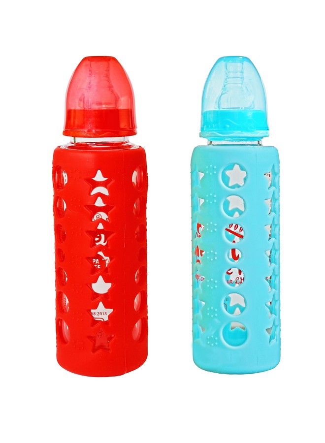 High Borosilicate Glass Feeding Bottle For Baby Feeder For Newborn ; Super Soft Flow Control & Anti Colic Nipple For Infants Toddlersblue & Red (240Ml)