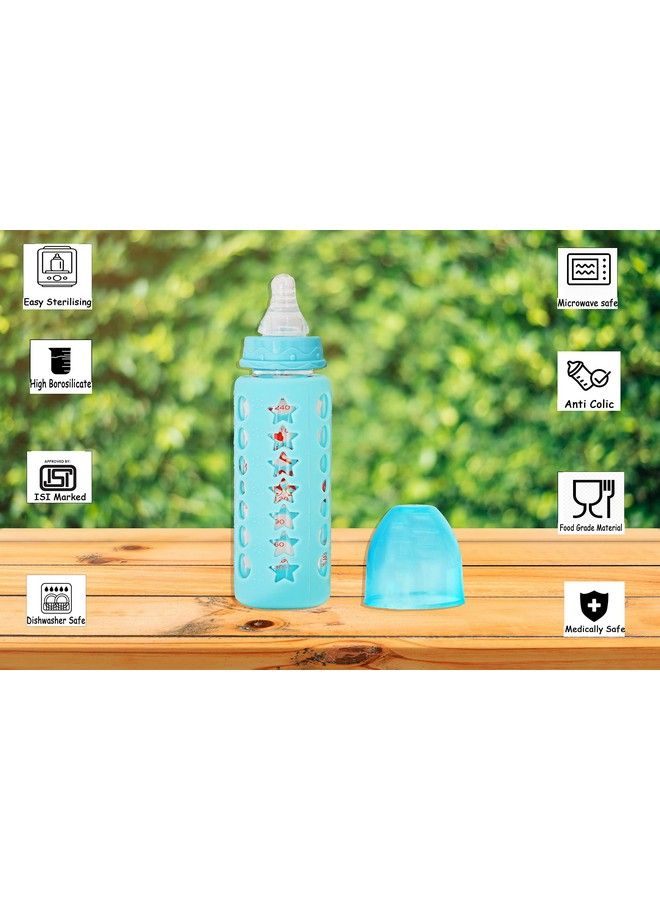 High Borosilicate Glass Feeding Bottle For Baby Feeder For Newborn ; Super Soft Flow Control & Anti Colic Nipple For Infants Toddlersblue & Red (240Ml)
