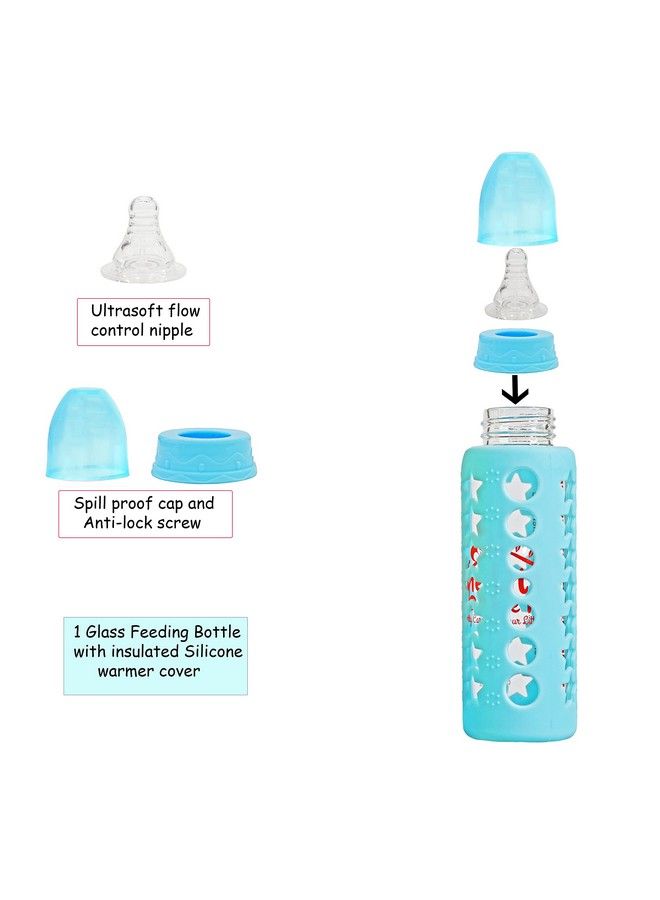 High Borosilicate Glass Feeding Bottle For Baby Feeder For Newborn ; Super Soft Flow Control & Anti Colic Nipple For Infants Toddlersblue & Red (240Ml)