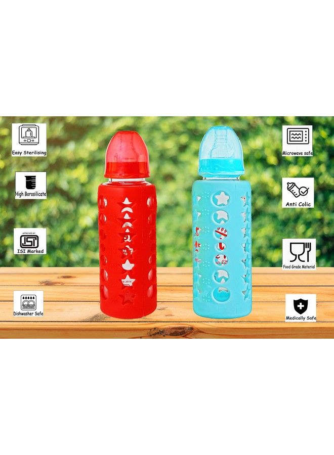 High Borosilicate Glass Feeding Bottle For Baby Feeder For Newborn ; Super Soft Flow Control & Anti Colic Nipple For Infants Toddlersblue & Red (240Ml)