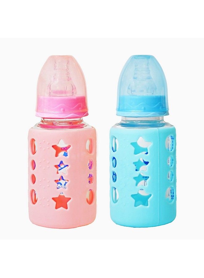 High Borosilicate Glass Feeding Bottle For Baby;Feeder For Newborn ; Super Soft Flow Control & Anti Colic Nipple For Infants;Toddlers120Ml (Pink & Blue)