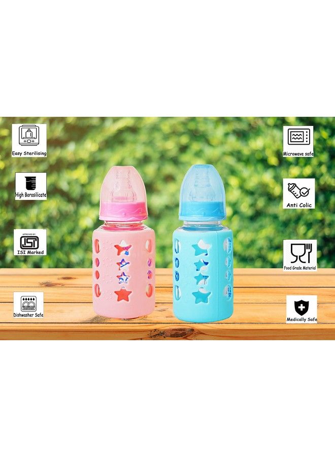 High Borosilicate Glass Feeding Bottle For Baby;Feeder For Newborn ; Super Soft Flow Control & Anti Colic Nipple For Infants;Toddlers120Ml (Pink & Blue)