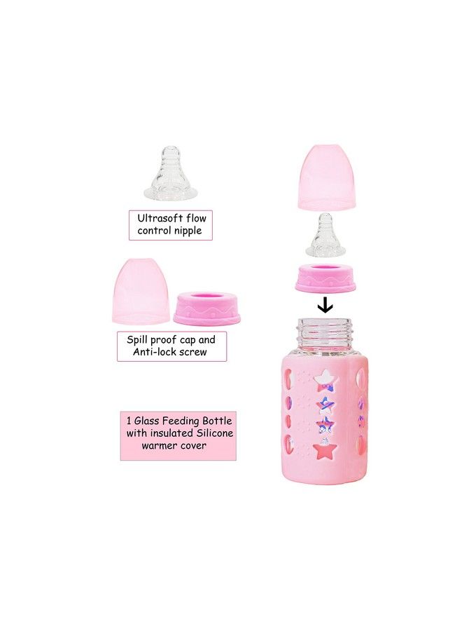 High Borosilicate Glass Feeding Bottle For Baby;Feeder For Newborn ; Super Soft Flow Control & Anti Colic Nipple For Infants;Toddlers120Ml (Pink & Blue)