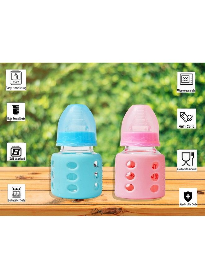 High Borosilicate Glass Feeding Bottle For Baby;Feeder For Newborn ; Super Soft Flow Control & Anti Colic Nipple For Infants;Toddlers Blue & Pink (60Ml)