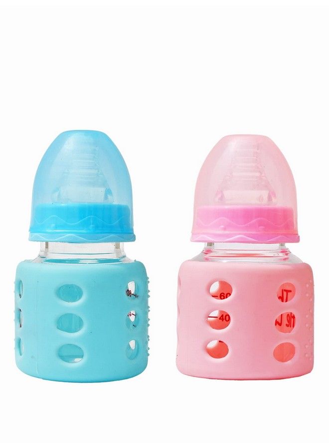 High Borosilicate Glass Feeding Bottle For Baby;Feeder For Newborn ; Super Soft Flow Control & Anti Colic Nipple For Infants;Toddlers Blue & Pink (60Ml)