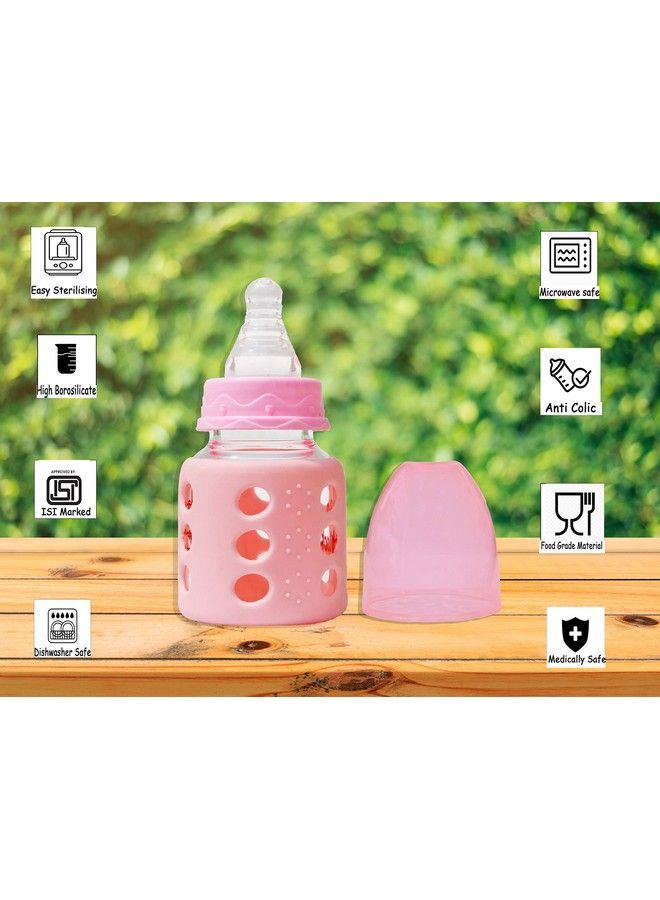 High Borosilicate Glass Feeding Bottle For Baby;Feeder For Newborn ; Super Soft Flow Control & Anti Colic Nipple For Infants;Toddlers Blue & Pink (60Ml)