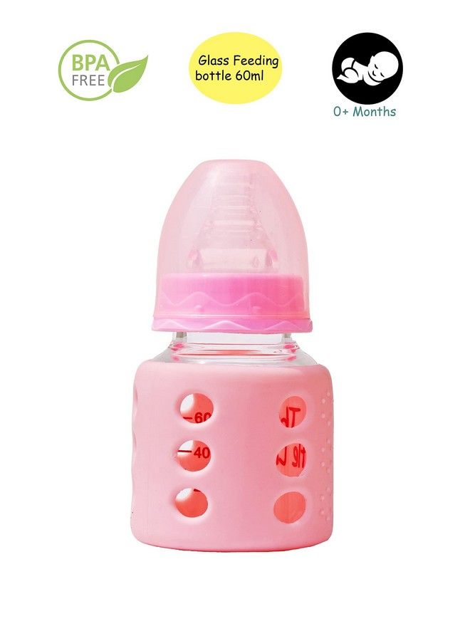 High Borosilicate Glass Feeding Bottle For Baby Feeder For Newborn ; Super Soft Flow Control & Anti Colic Nipple For Infants Toddlersblue & Pink (60Ml)