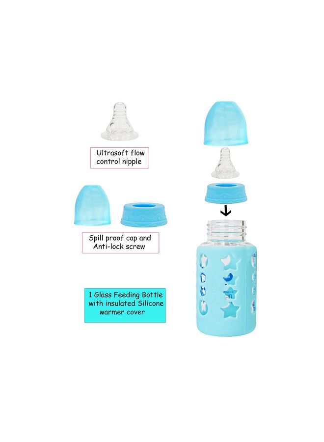 High Borosilicate Glass Feeding Bottle For Baby Feeder For Newborn ; Super Soft Flow Control & Anti Colic Nipple For Infants Toddlersblue (120Ml)