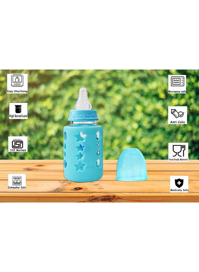 High Borosilicate Glass Feeding Bottle For Baby Feeder For Newborn ; Super Soft Flow Control & Anti Colic Nipple For Infants Toddlersblue (120Ml)