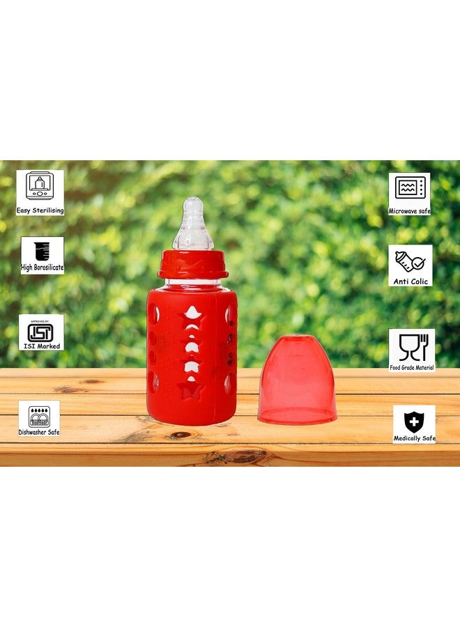 High Borosilicate Glass Feeding Bottle For Baby Feeder For Newborn ; Super Soft Flow Control & Anti Colic Nipple For Infants Toddlersred (120Ml)
