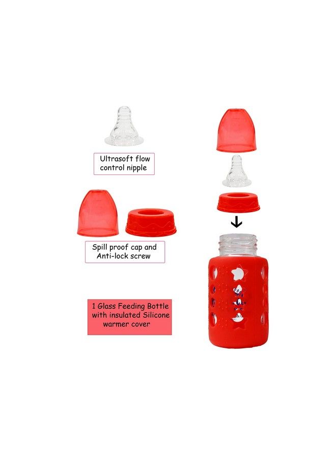 High Borosilicate Glass Feeding Bottle For Baby Feeder For Newborn ; Super Soft Flow Control & Anti Colic Nipple For Infants Toddlersred (120Ml)