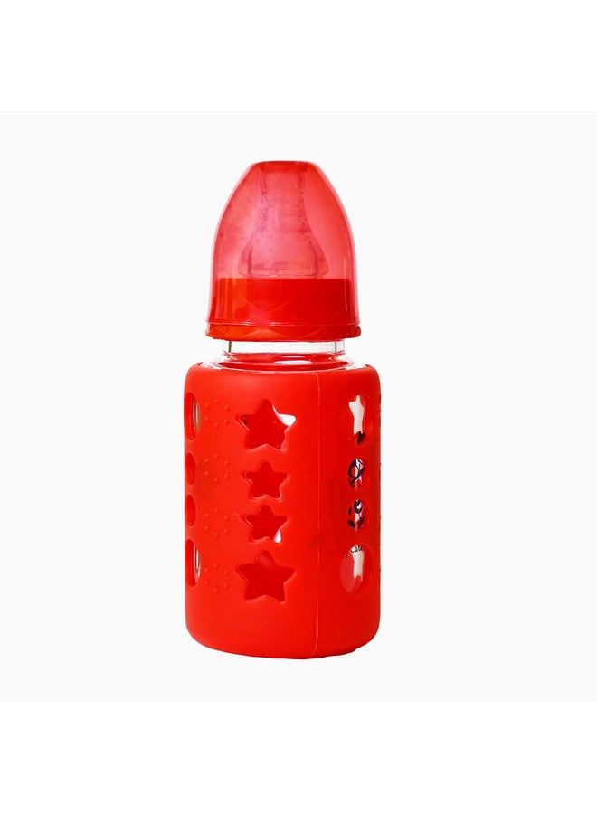 High Borosilicate Glass Feeding Bottle For Baby Feeder For Newborn ; Super Soft Flow Control & Anti Colic Nipple For Infants Toddlersred (120Ml)