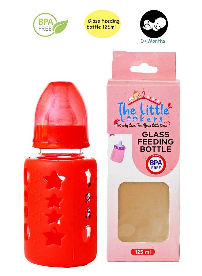 High Borosilicate Glass Feeding Bottle For Baby Feeder For Newborn ; Super Soft Flow Control & Anti Colic Nipple For Infants Toddlersred (120Ml)