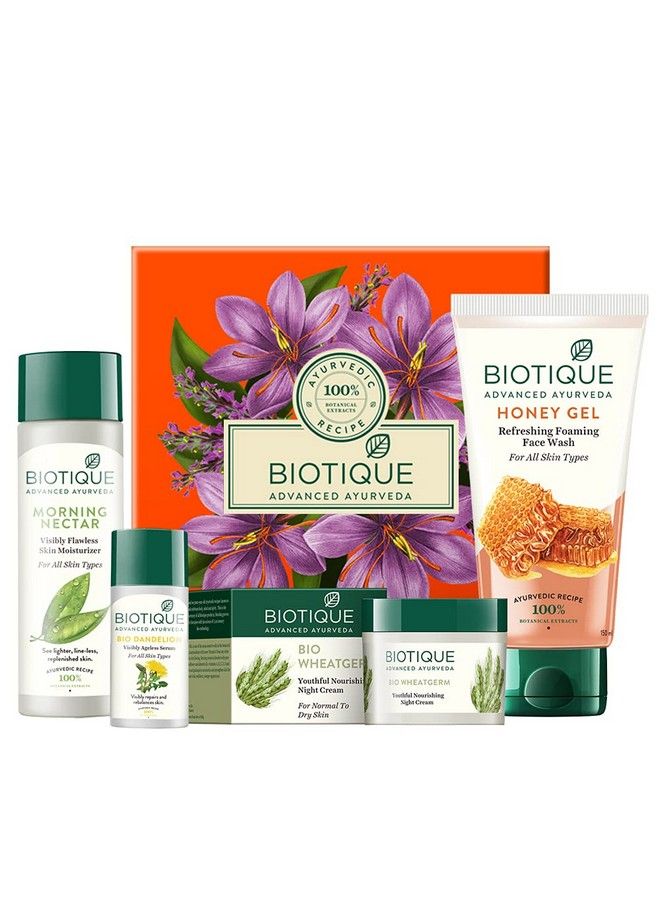 Bio Youthful Skin Care Gift Kit Set Of 4 Refreshing Honey Gel Face Wash Radiant Face Serum All Skin Type Moisturizer Lotion Nourishing Night Cream Orange (Retmlcom00201)