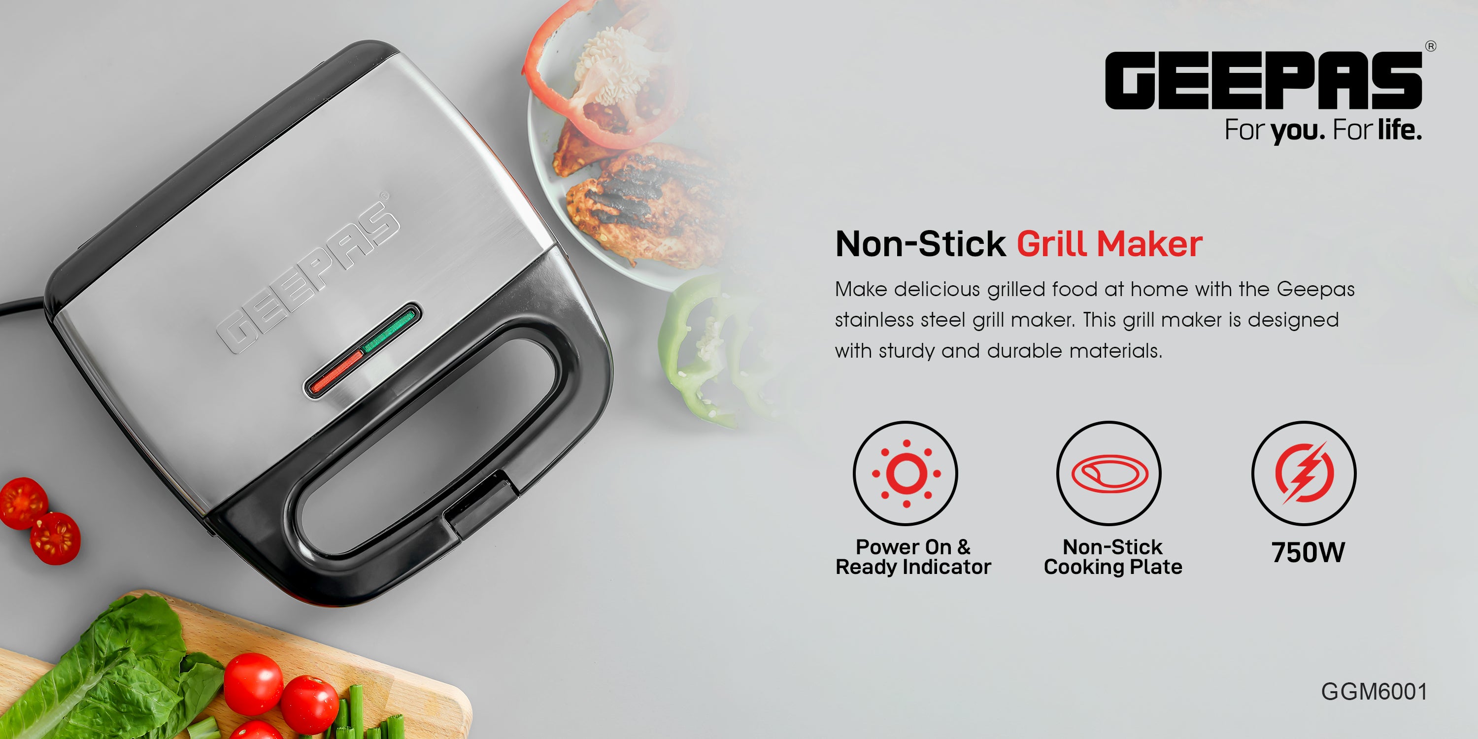 Portable Powerful  2 Slice Grill Maker with Non-Stick Coated Plates With Safety Locks, Stainless Steel, Cool Touch Handle & Skid- Resistant Feet, Power On & Ready Light Indicators 750 W GGM6001 Black/Grey