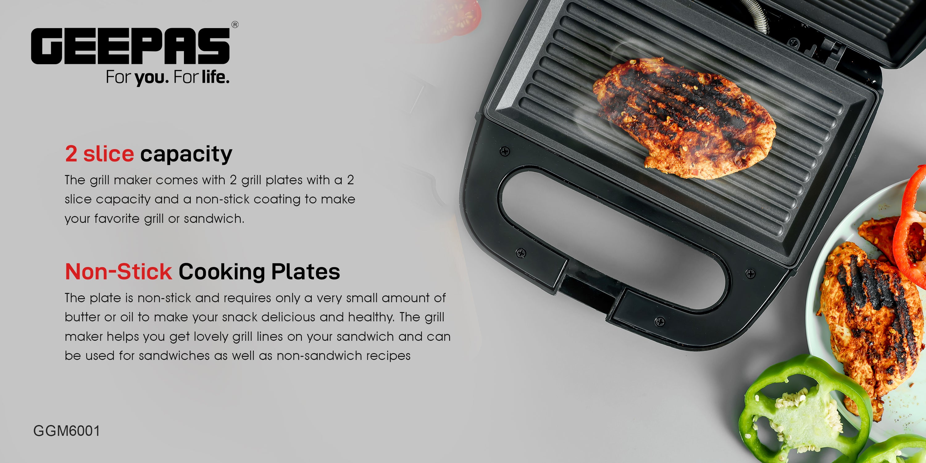 Portable Powerful  2 Slice Grill Maker with Non-Stick Coated Plates With Safety Locks, Stainless Steel, Cool Touch Handle & Skid- Resistant Feet, Power On & Ready Light Indicators 750 W GGM6001 Black/Grey