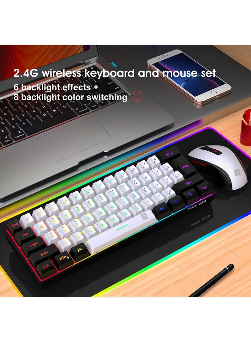 ROCK POW Arabic English 2.4G Wireless Gaming Keyboard and Mouse Combo Include Mini 60% Merchanical Feel RGB Backlit Keyboard Ergonomic Vertical Feel Small Wireless Mouse