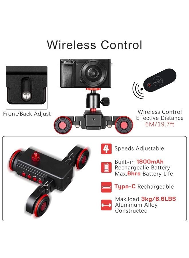 Motorized Dolly Car, 3-Wheels Wireless Electric Track Rail Slider Video Camera Dolly Car with Remote Control, Compatible with DSLR Camera, Camcorder, for GoPro, iPhone, and Android Smartphone