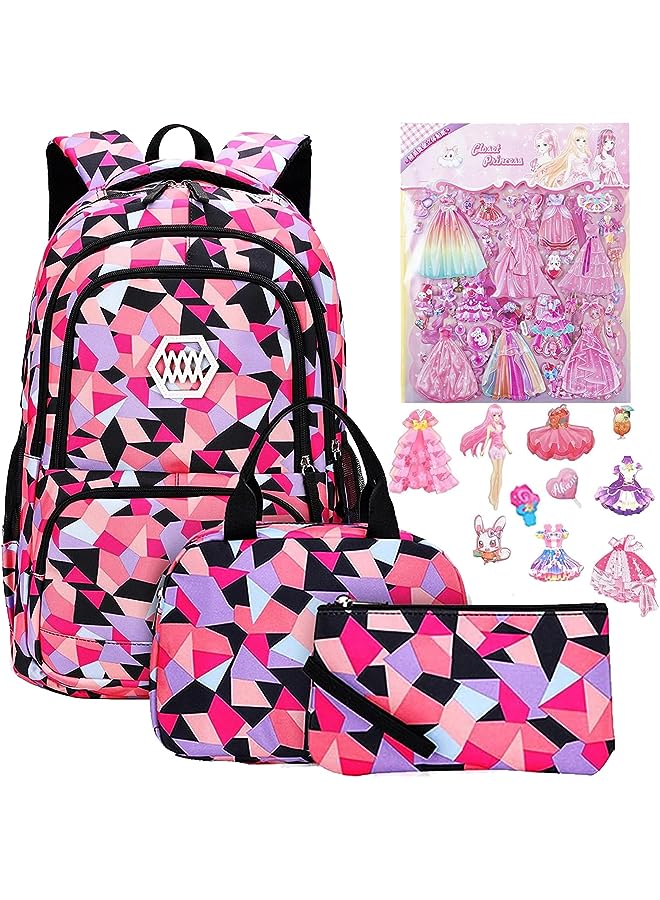 Kids Backpack For Girls School Bookbag For Elementary 3 In 1 School Bag Sets With Lunch Tote Pencil Bag And Cartoon Sticker(Pink))