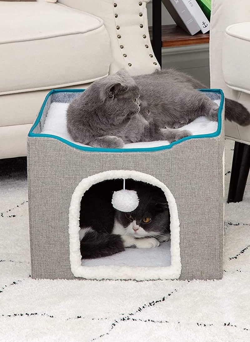 Folding Cat House With Cat Scratcher and Fluffy Ball For Large Cats For Kittens And Puppies Cat Beds For Indoor Cats 16.5 x 16.5 x 14.2 Inch (Grey)