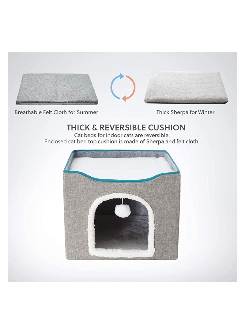 Folding Cat House With Cat Scratcher and Fluffy Ball For Large Cats For Kittens And Puppies Cat Beds For Indoor Cats 16.5 x 16.5 x 14.2 Inch (Grey)