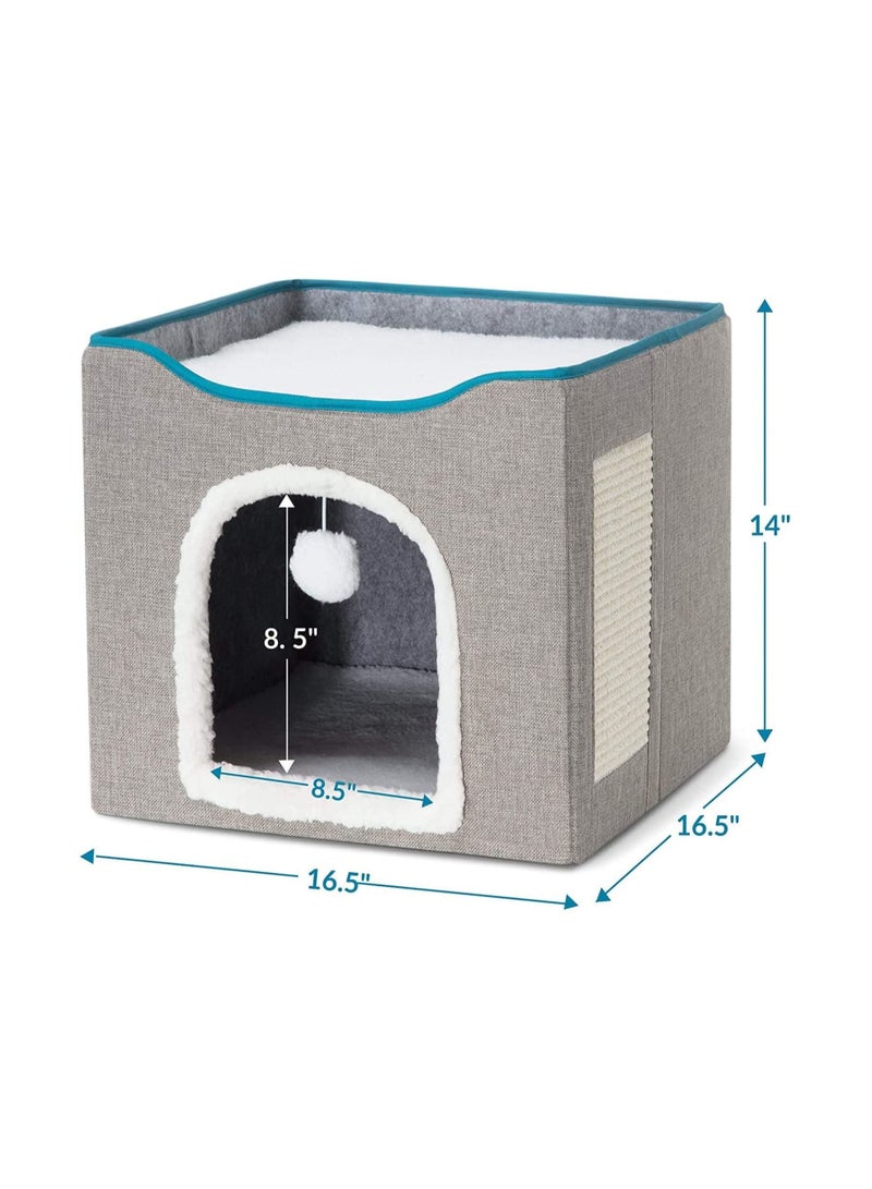 Folding Cat House With Cat Scratcher and Fluffy Ball For Large Cats For Kittens And Puppies Cat Beds For Indoor Cats 16.5 x 16.5 x 14.2 Inch (Grey)