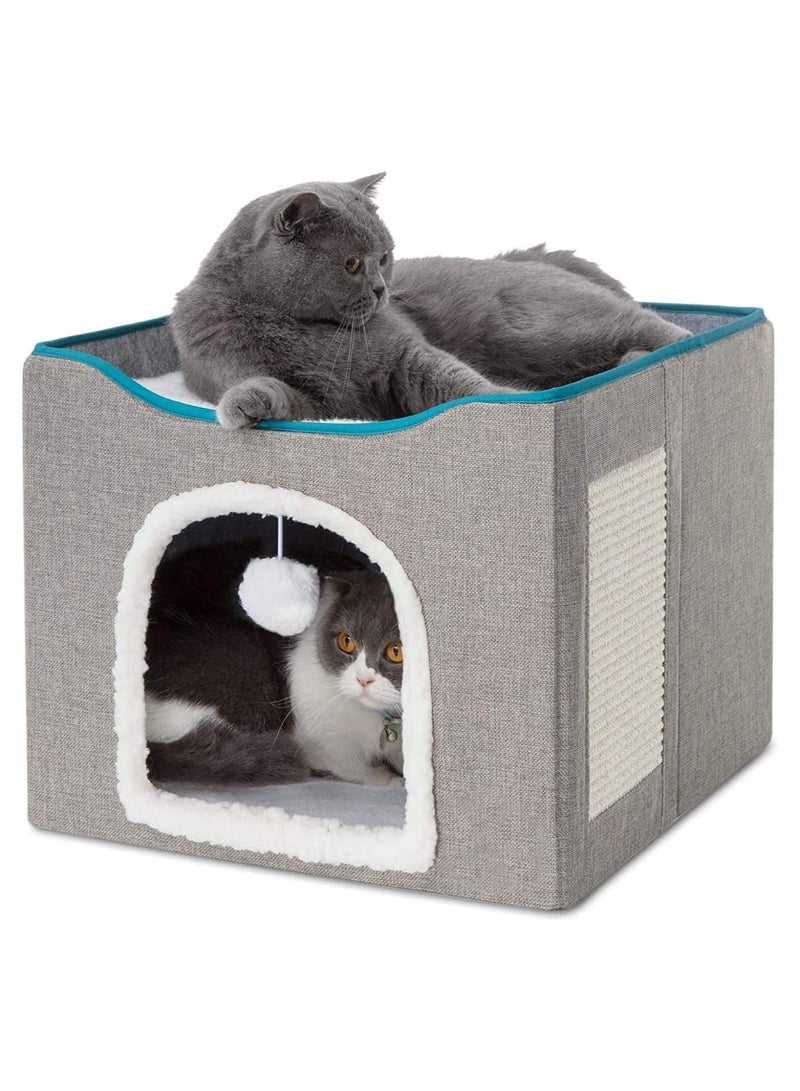 Folding Cat House With Cat Scratcher and Fluffy Ball For Large Cats For Kittens And Puppies Cat Beds For Indoor Cats 16.5 x 16.5 x 14.2 Inch (Grey)