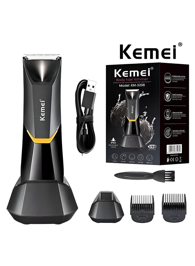 Kemei Professional Body Hair Trimmer For Men & Women KM-3208 With LED Light USB Fast Charging Ceramic Blade Heads Waterproof Wet Dry Suitable For Body Private Part Shaving