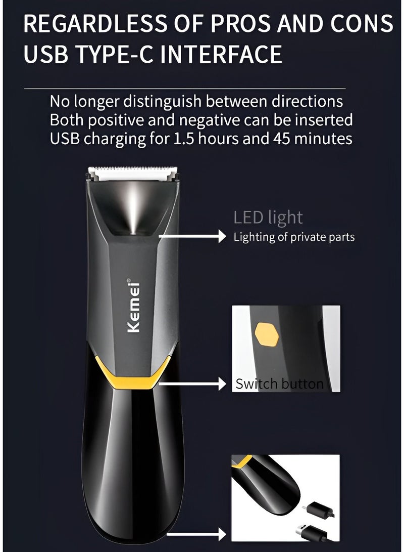 Kemei Professional Body Hair Trimmer For Men & Women KM-3208 With LED Light USB Fast Charging Ceramic Blade Heads Waterproof Wet Dry Suitable For Body Private Part Shaving