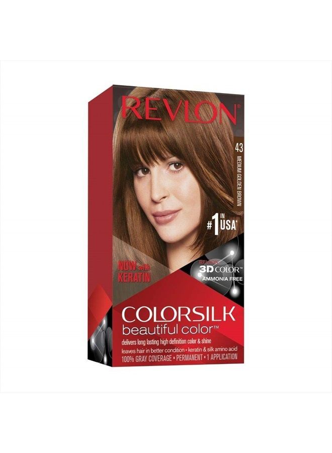 Revlon Colorsilk Beautiful Color, Permanent Hair Dye with Keratin, 100% Gray Coverage, Ammonia Free, 43 Medium Golden Brown