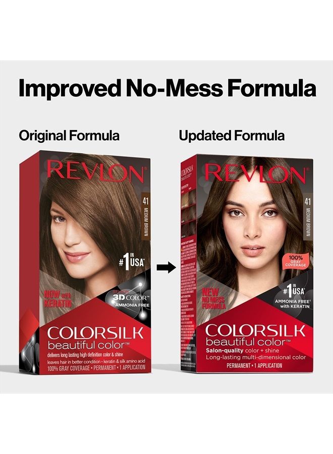 Revlon Colorsilk Beautiful Color, Permanent Hair Dye with Keratin, 100% Gray Coverage, Ammonia Free, 43 Medium Golden Brown