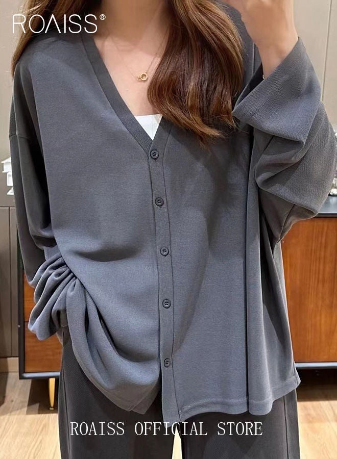 Women Ice Silk Long-Sleeved Cardigan Casual Regular-Fit Long-Sleeved Top Women's Solid Color Cardigan Women's Casual Versatile Ice Silk Knitted Sunscreen Clothing